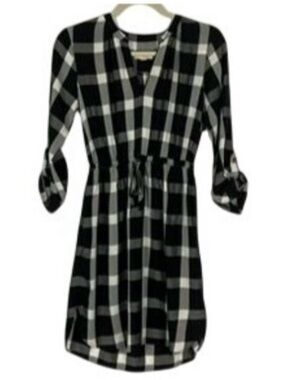LOFT Outlet Buffalo Plaid Dress Black White Roll Tab Sleeve Cinch Waist XSP